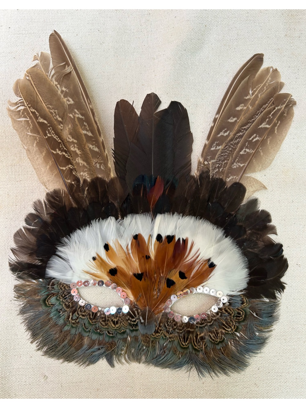 Vintage. Feathered Owl Masquerade Mask in Brown, White & Tan, never worn.